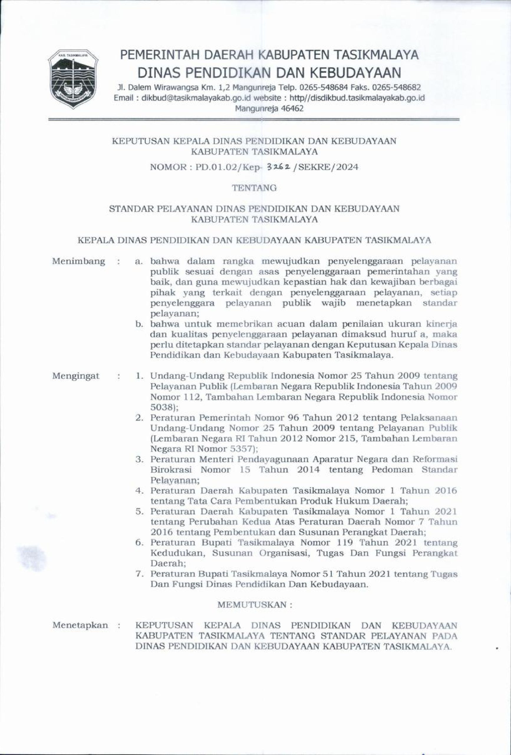 SK STANDAR PELAYANAN DISDIKBUD KAB.TASIKMALAYA