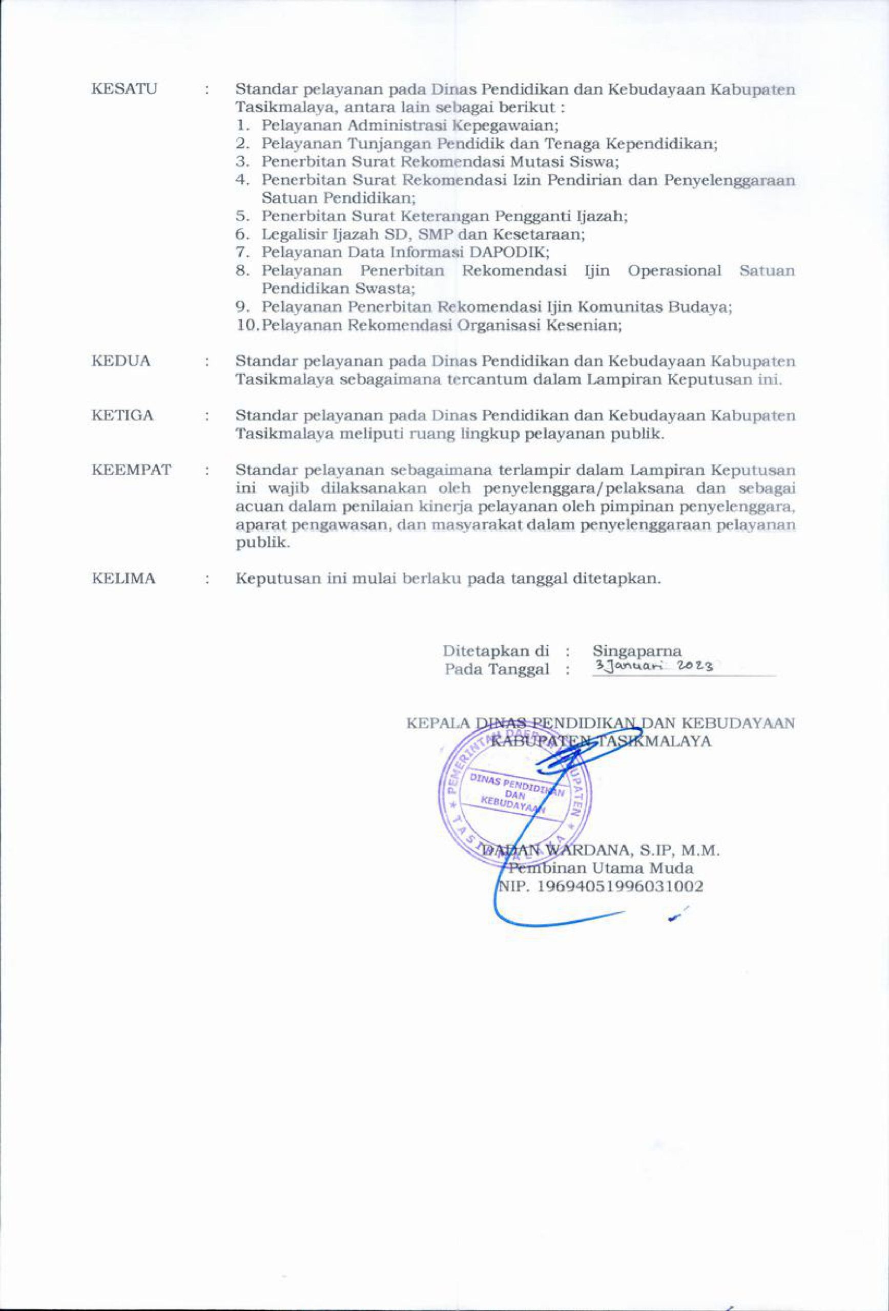 SK STANDAR PELAYANAN DISDIKBUD KAB.TASIKMALAYA